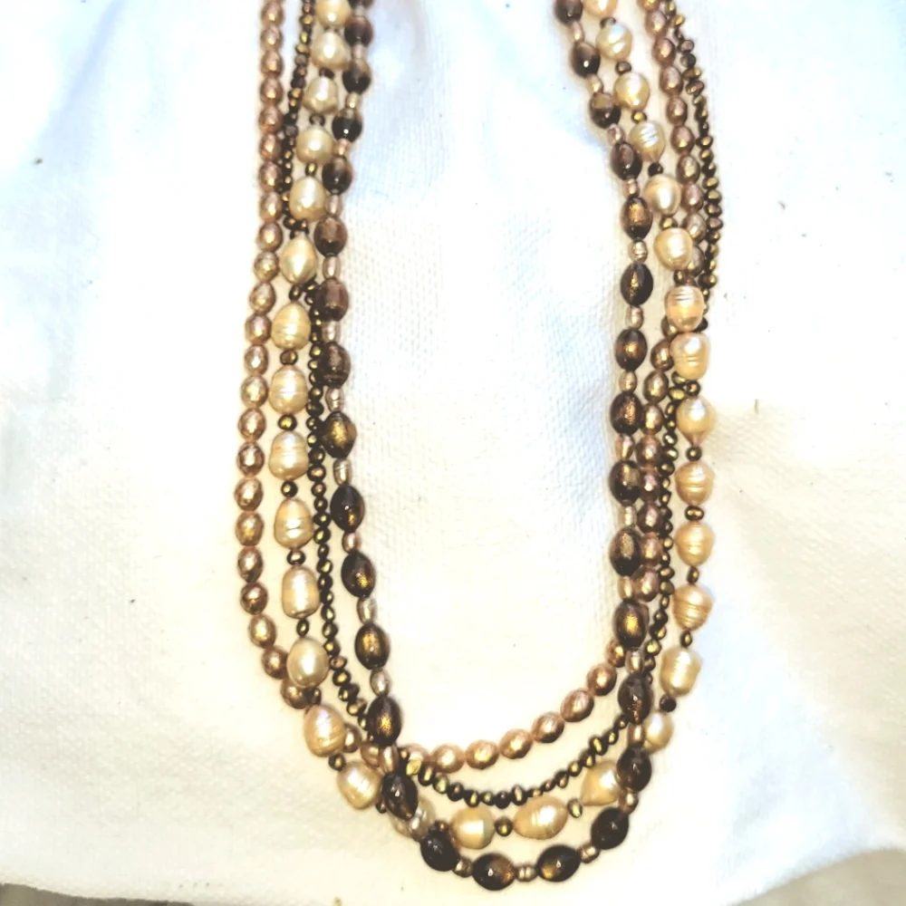 4 Strand Pearl Golden Coral Necklace 24" - 26" - Picture 7 of 7
